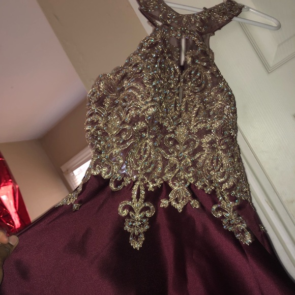 burgundy and gold homecoming dress